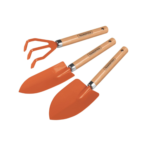 TRAMONTINA CONJUNTO PARA JARDINAGEM COM CABO DE MADEIRA - 3 PEÇAS